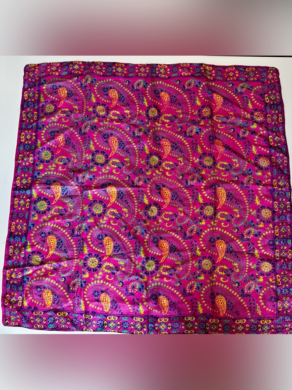 Vintage Pink Paisley Large Square Scarf Likely Silk Hand Rolled 36”